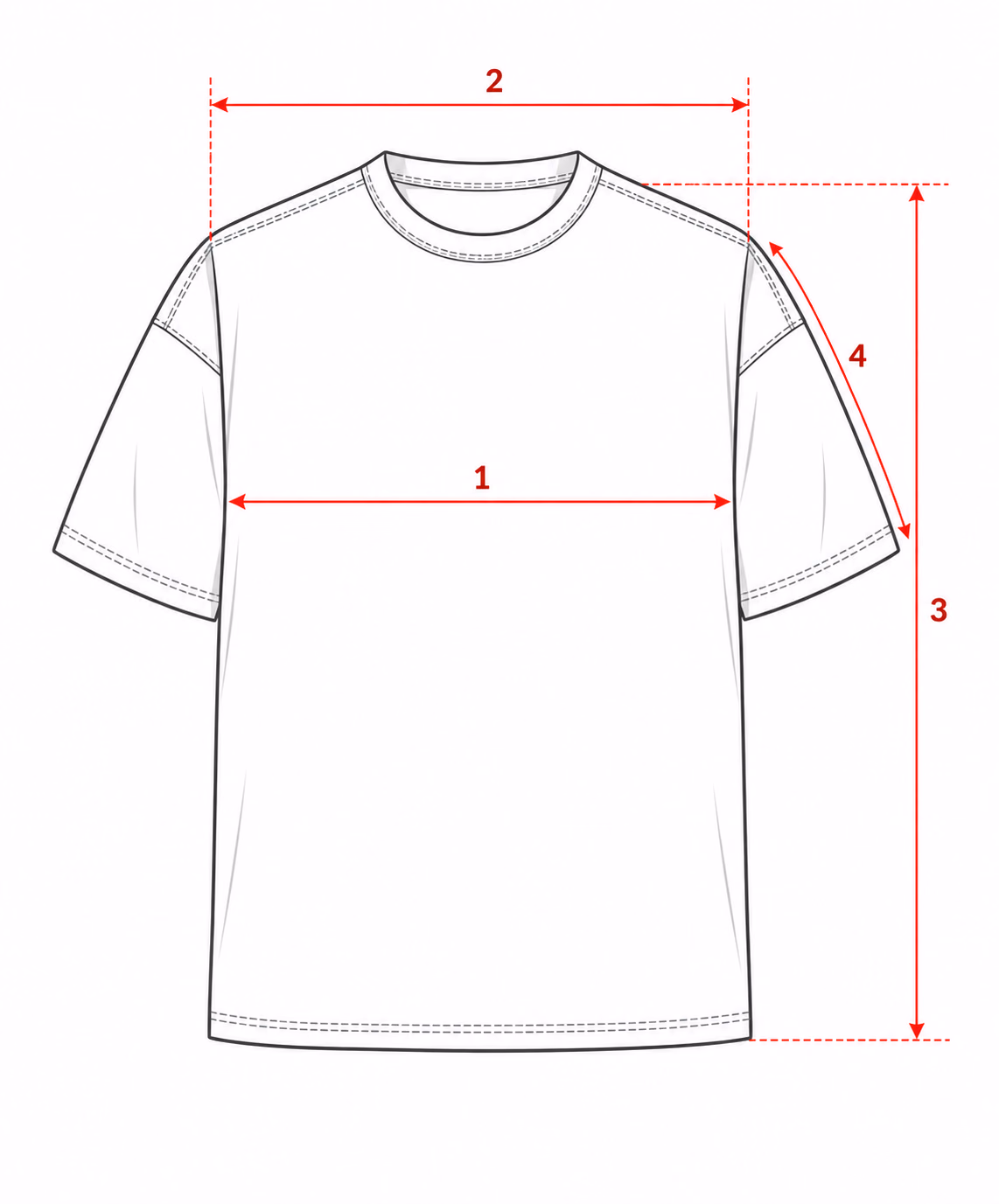 Oversized T-shirt measurement diagram showing chest, shoulder, body length, and sleeve guides